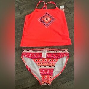 Coral Tankini Set with Aztec Print Bikini Bottoms